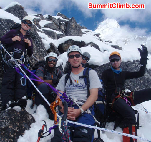 Maggie, Saz, Nathan, Tim, and Mark at the top of the practice rocks above basecamp.Summit of Ama Dablam in background. Photo by James Barritt Maggie, Saz, Nathan, Tim, and Mark at the top of the practice rocks above basecamp.Summit of Ama Dablam in background. Photo by James Barritt