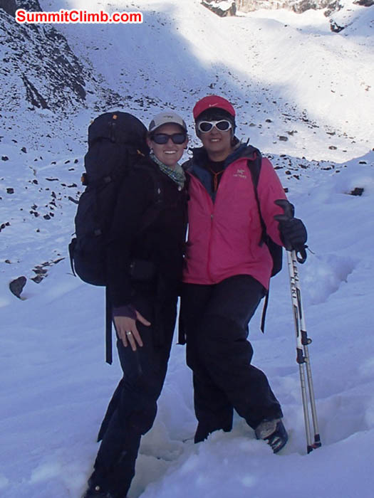 Maggie and Sangeeta in Ama Dablam basecamp. Saz Photo