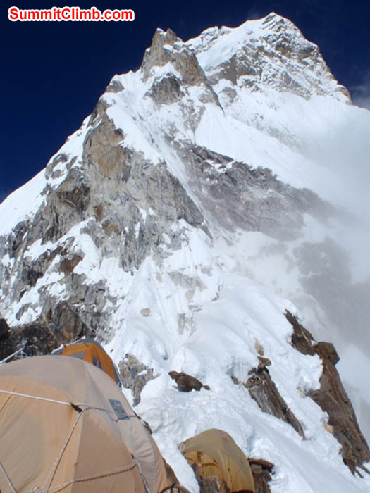 Camp 2, looking up to grey tower, and upper mountain. James Barritt Photo