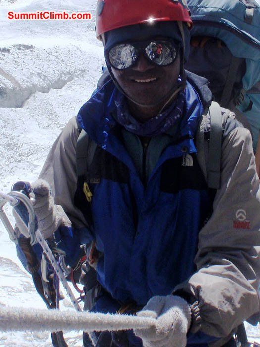 Jangbu Sherpa beneath the Yellow Tower. James Barritt Photo