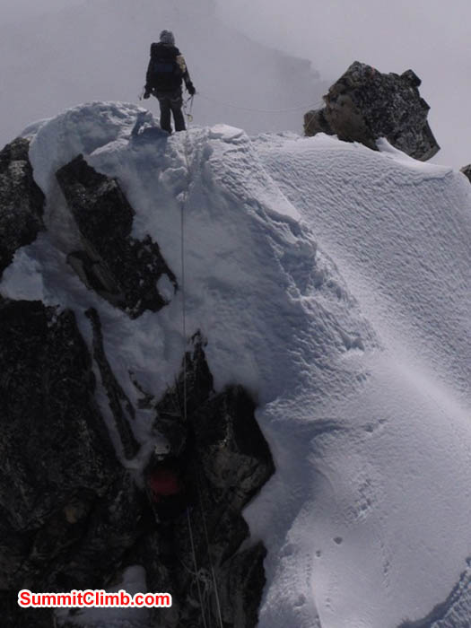Maggie atop the Yellow Tower. Photo taken from Camp 2 by Sarabjit Bhooee.