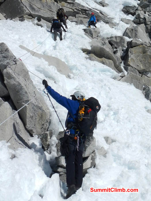 Saz, Maggie, and Tenji going up, and an unknown climber going down. Mark van 't Hof Photo.