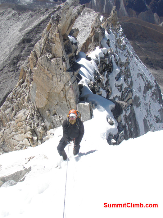 Approaching yellow tower snow ridge below. Photo Kunnar Karu