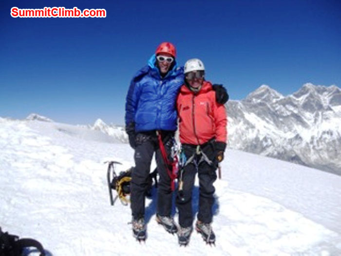 Miguel Cruz y Celis Ehlinger and Hector Ponce de Leon , both from Mexico, on the summit of Ama Dablam. Photo by Palden Sherpa. Miguel Cruz y Celis Ehlinger and Hector Ponce de Leon , both from Mexico, on the summit of Ama Dablam. Photo by Palden Sherpa.