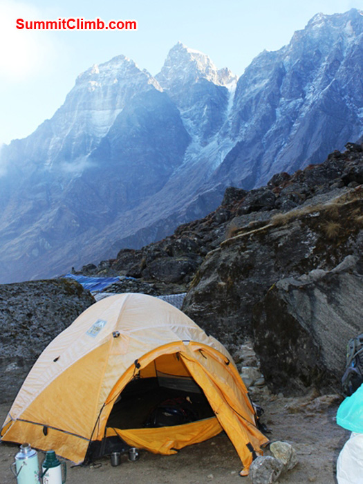 KarkiTeng camp at 4000 metres, 13120 feet. In background is Mount Gongglia, elevation 5808 metres, 19050 feet. photo by Julie Piskorz.