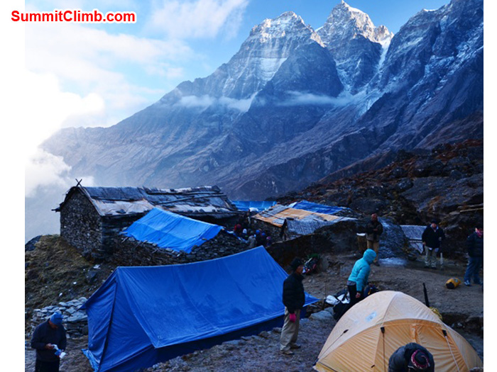 Our camp at KarkiTeng at 4000 metres, 13120 feet. In background is Mount Gongglia, elevation 5808 metres, 19050 feet. photo by Michael Moritz