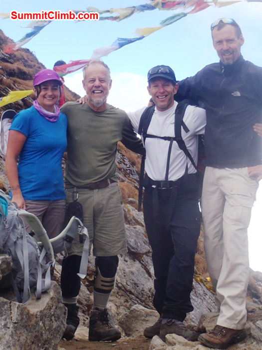 Carla Strong, Alan Maurer, Andrew Davis, and Corne Deelen in the top of the Chetra La Pass at 4600 metres, 15088 feet. photo by Shera Sherpa