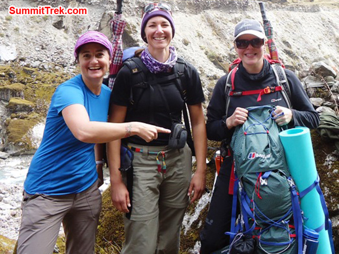 Carla, Jennifer and Holly at the edge of the Hongku River with a Berghaus Rucksack. Thanks Berghaus. Photo by Shera Sherpa