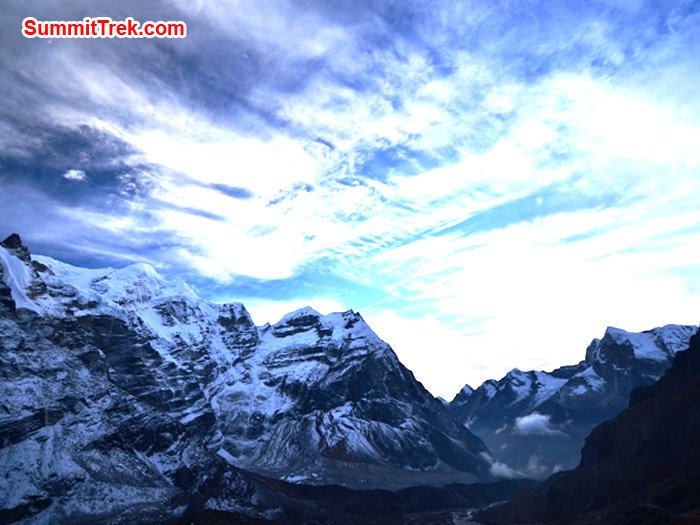 Looking toward Mera Peak and the Hongku valley from Kare at sunset. Photo by Michael Moritz