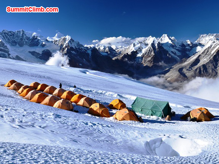 Mera Peak high camp with the Himalaya in the background. Photo by Michael Moritz.