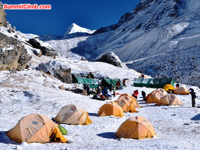 Rato Oral camp at 4400 metres - 14,400 feet on the trek to Baruntse basecamp; after a light dusting of snow. Photo by Michael Moritz.