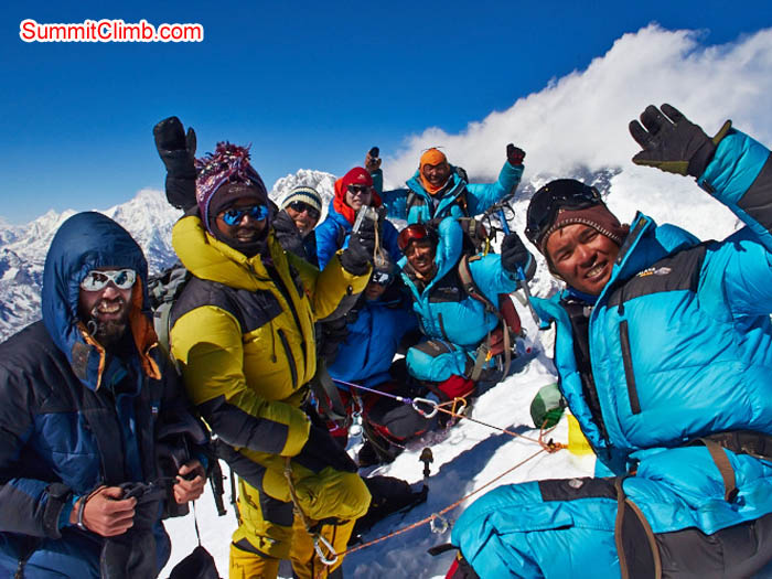 Team on the summit of Baruntse in beautiful weather on 4 November, 2013. Felix Berg Photo