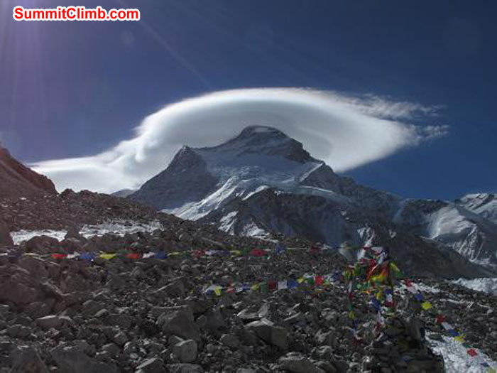 The winds are coming! Lenticular cloud over Cho Oyu when we knew we’d be sitting in ABC longer. Photo John Martersteck The winds are coming! Lenticular cloud over Cho Oyu when we knew we’d be sitting in ABC longer. Photo John Martersteck