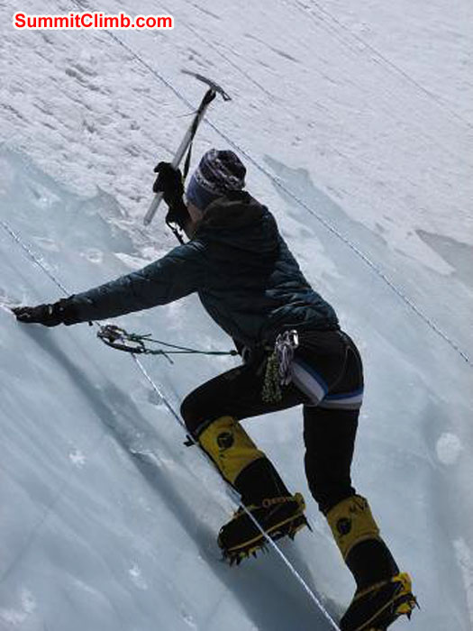 Deb practicing on the ice wall, with some changes to our ascender safety lengths. We also used a Figure 8 device for rapelling (new to us) – Thanks, Jerry for letting me borrow your device! Deb practicing on the ice wall, with some changes to our ascender safety lengths. We also used a Figure 8 device for rapelling (new to us) – Thanks, Jerry for letting me borrow your device!