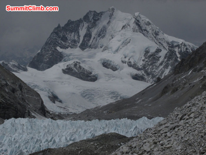 Look closely right below center in the rocks, and you will see Advanced Base Camp.Photo ohn Martersteck