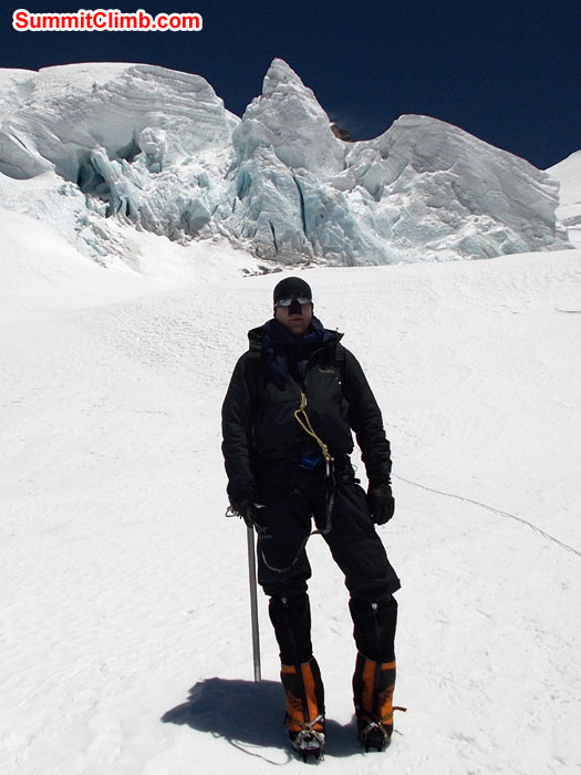 John posing for photo between Camp 2 and camp 1. Photo Wayne Herrick.