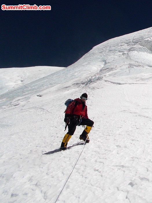 Torben Kristensen using fixed rope while coming down from Camp 2. Photo Wayne Herrick.