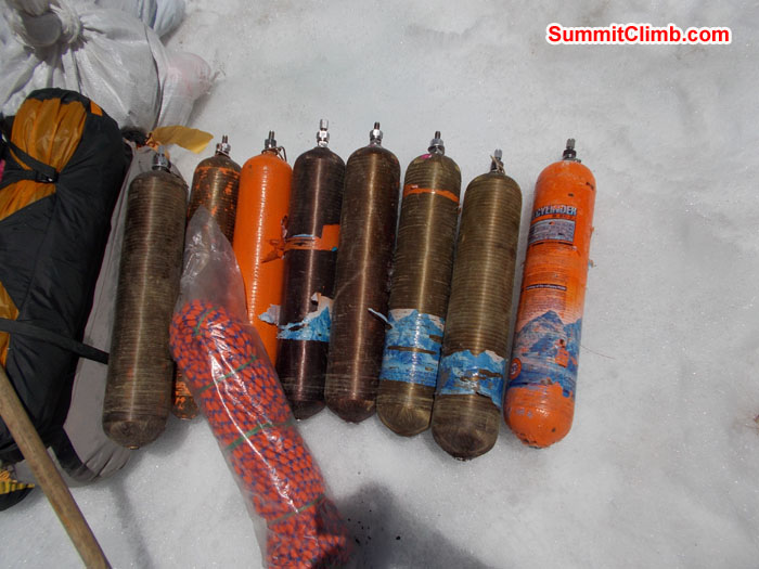 Oxygen, ropes in Camp 1. Photo Wayne Herrick.