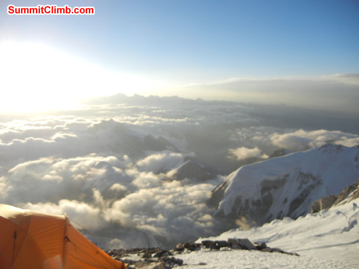 Shadow of Cho Oyu at sunrise on summit push. Photo Scott Patch