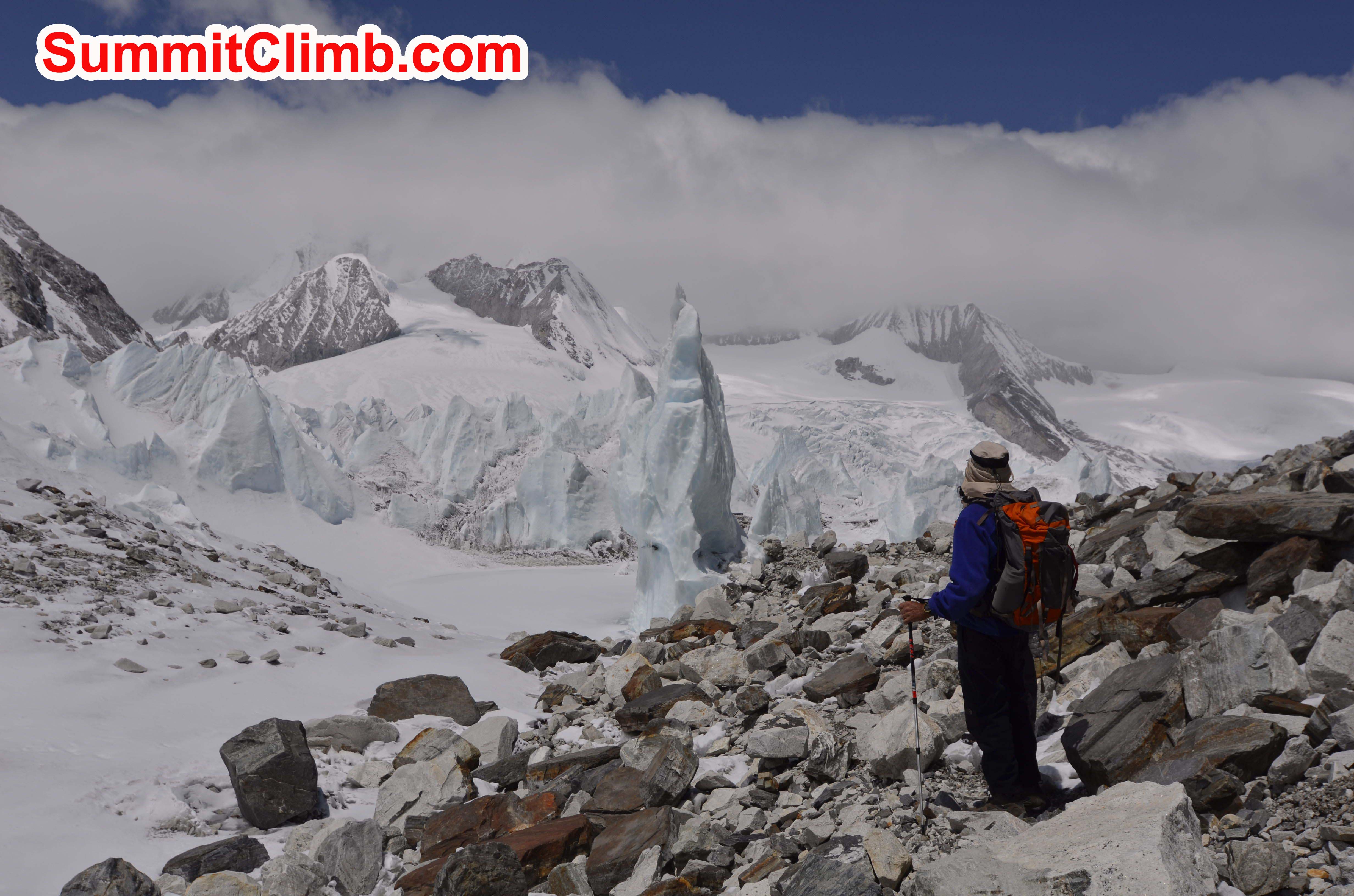 Ice pinnacles and mouintains on the trek to basecamp. Dmitri Nichiporov photo