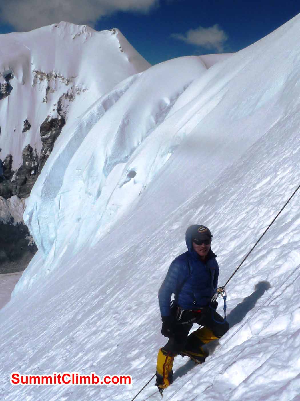 Ang Pasang Sherpa abseiling steep snow. Photo by Marina Cortes