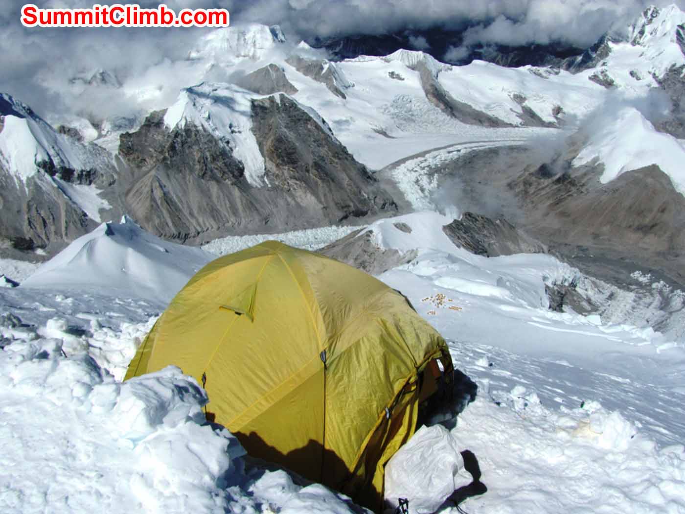 Tent in camp 3 with C2, C1, and ABC in the background. Photo by Troy Bacon