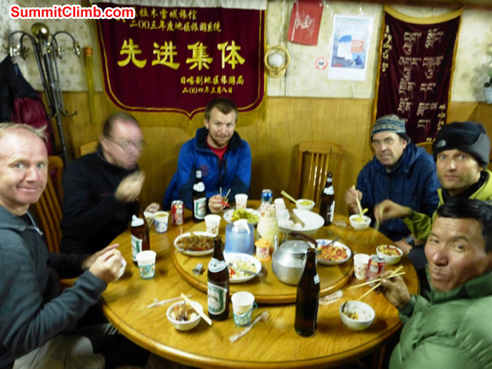 Evening meal in the snow land restaurant in this photo are james, matti, matt, empty chair number 6 is missing, dan, JJ, and Jungbu, photo by Jurgen Landmann