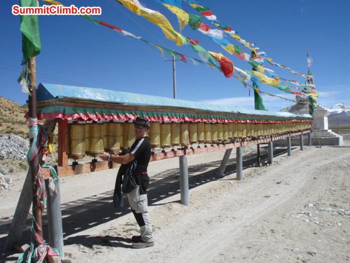 James Grieve spinning prayer wheels in Tingri. Matt Olsen Photo