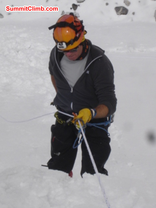 James Grieve concentrates on his abseil during ice training in ABC. Jangbu Sherpa Photo