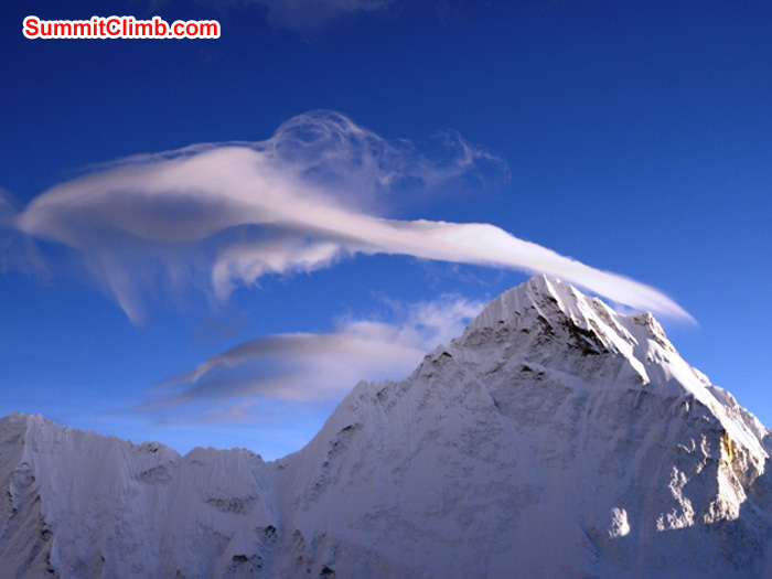 Crazy clouds hover above an unnamed 6000 metre peak in ABC. Matti Sunnell Photo Crazy clouds hover above an unnamed 6000 metre peak in ABC. Matti Sunnell Photo
