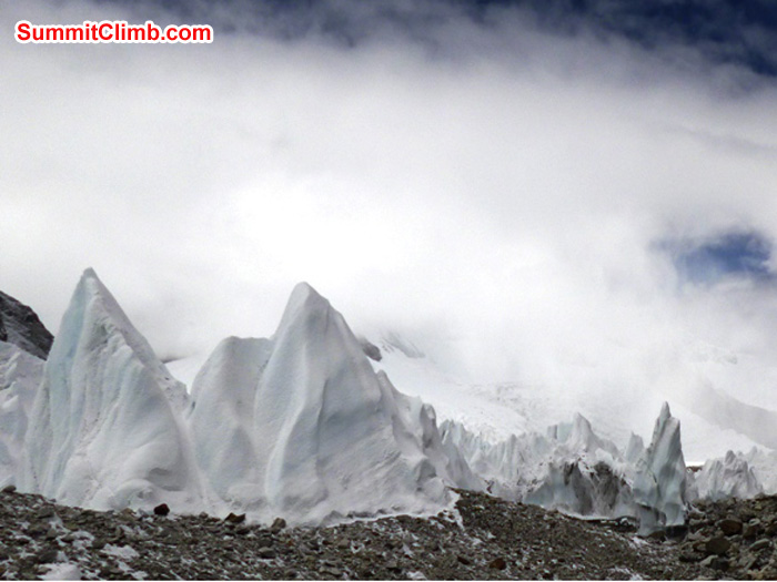 Mysterious ice pinnacles and fog on the trail between ABC and camp half. JJ Photo