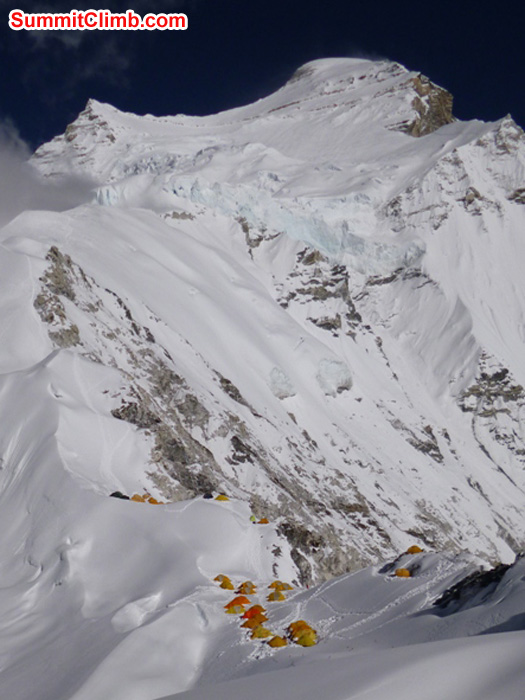Camp 1 with Mount Cho Oyu in the background. The route to camp 1.5 follows the left hand ridge. JJ Photo