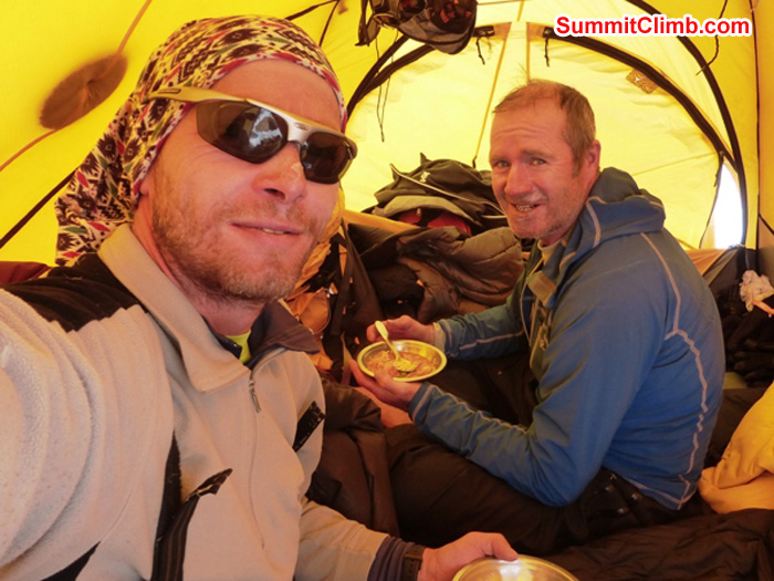 Juergen ad James, eating breakfast in camp 1.5. Juergen Landmann Photo
