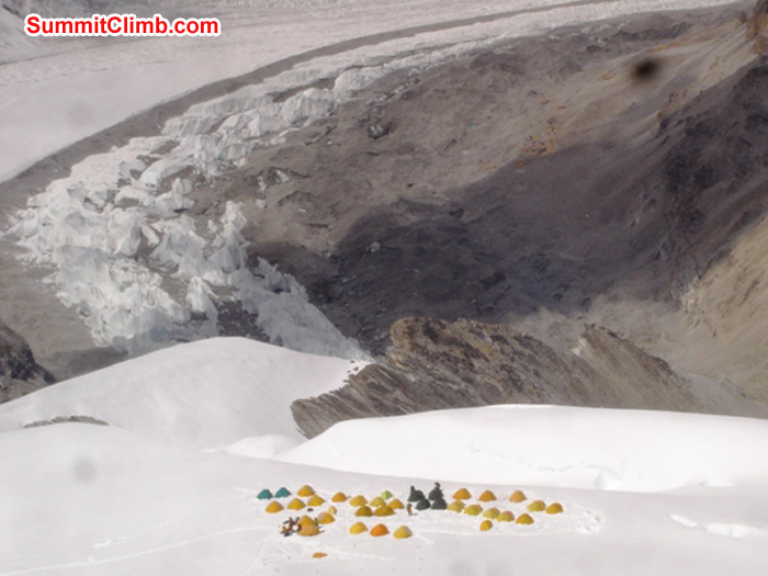 Looking down from camp 3 to camp 2, camp 1, abc, and the vast sweep of the Gyebrag glacier below. Jangbu Sherpa Photo
