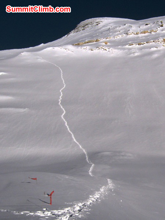 Path from camp 2 looking up to camp 3 and summit above. Matti Sunell Photo