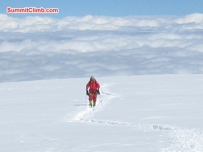 JJ crossing the vast summit plateau of Cho Oyu. Matti Sunell Photo JJ crossing the vast summit plateau of Cho Oyu. Matti Sunell Photo