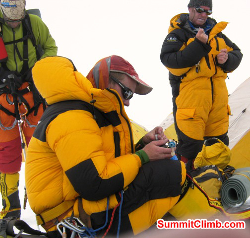 JJ, Matt, and James preparing their kit in camp 2. Photo Matti Sunell