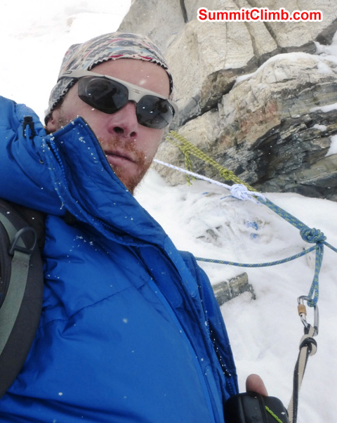 Juergen Landmann takes a break while abseiling down to camp 3. Juergen Landmann Photo