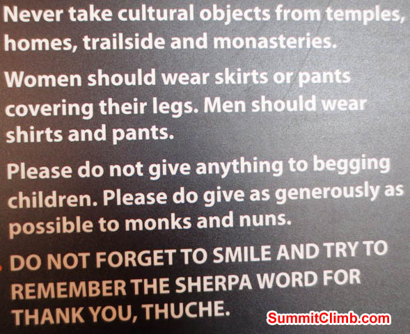 Stringent rules for vistors to Sherpa temples. Hannah Rolfson Photo