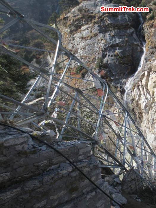 The bridge over the Dudh Khosi river above Deboche collapsed in a landslide, wiping out the Ani's water line. Now the sisters of Deboche Convent (Nepal's oldest have no water supply. Photo Hannah Rolfson.