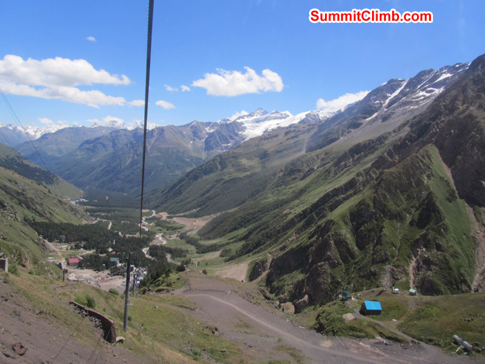 View from tram looking back up baskan valley. Towns of Azau, Terskol and Cheget