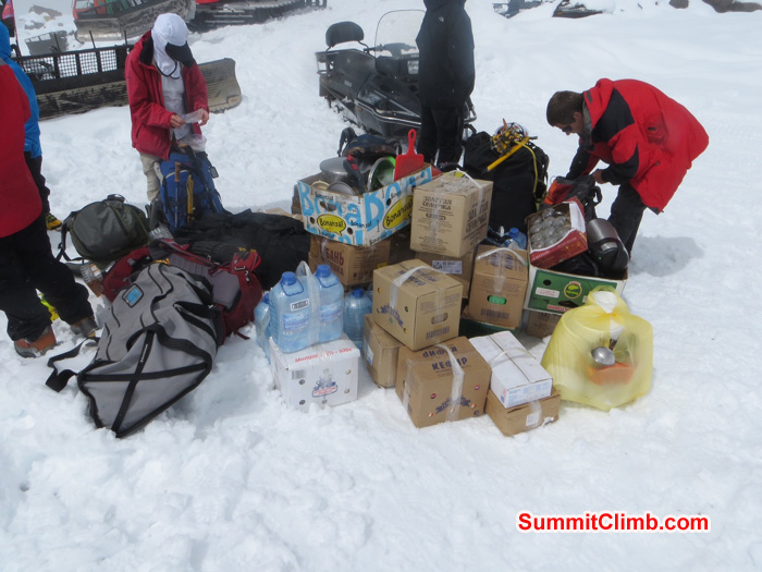 Food and gear awaiting snowcat trip to huts