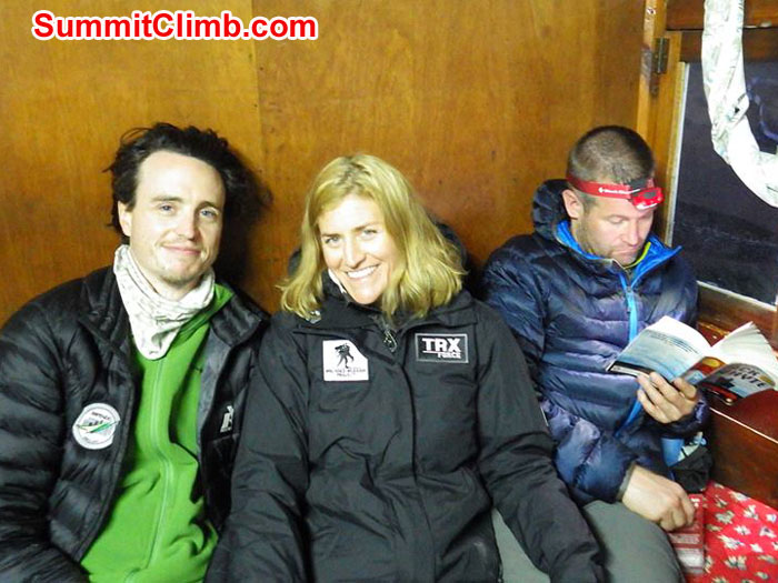 1 Mike Lobsinger, Christie and Derek lounging at the Hotel Danphe in Namche Nepal after a 6 hour hike to 3345 meters from Phakding. Photographer: Alex 1 Mike Lobsinger, Christie and Derek lounging at the Hotel Danphe in Namche Nepal after a 6 hour hike to 3345 meters from Phakding. Photographer: Alex