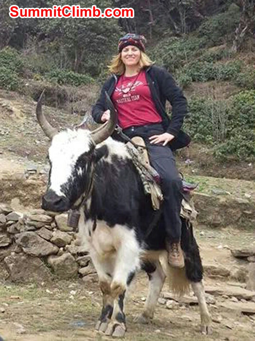 Photo Caption: Leave it to a Texan! Christie riding a Yak in Lukla. Photo Caption: Leave it to a Texan! Christie riding a Yak in Lukla.