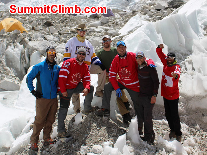 Team Canada in EBC, with the Icefall in the background. Photo by Sam Chappatte