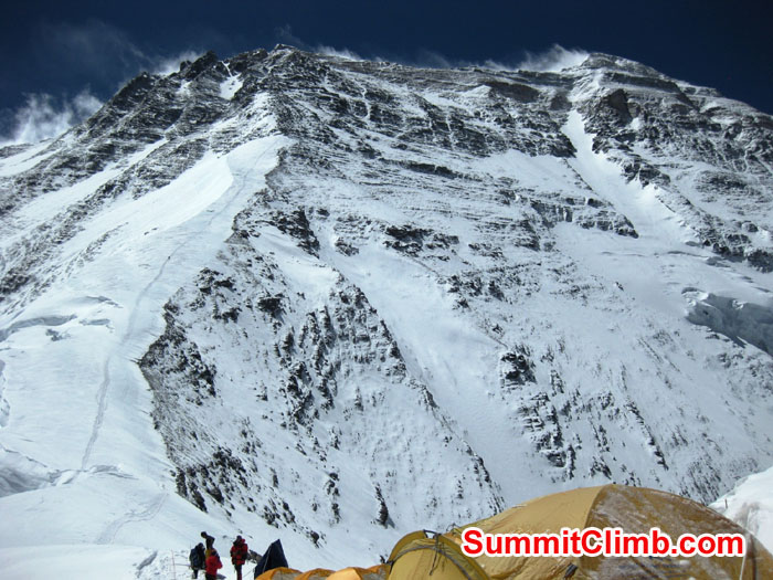 Tent at North Col with route to Camp 2 seen up snowfield and Everest summit in upper right - Photo Mia Graeffe