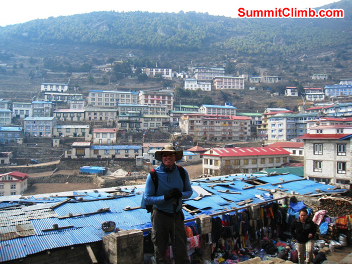 Scott Smith in front of Namche Bazar. Photo by Don Lenz