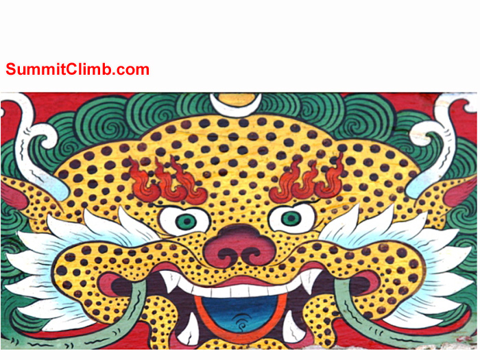 Part of a wall mural at Tengboche Gompa. Monika Witkowska Photo. Part of a wall mural at Tengboche Gompa. Monika Witkowska Photo.