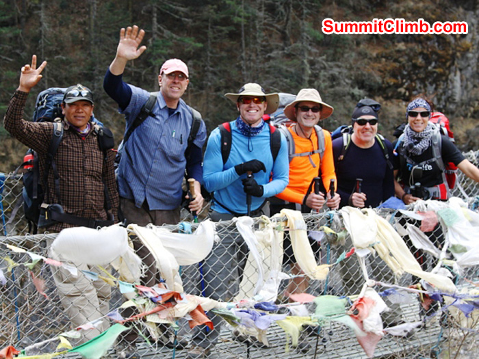 Friends on the suspension bridge to Namche - Sange, Dan, Scott, Slavo, Kieran, and Sandra. Monika Witkowska Photo.