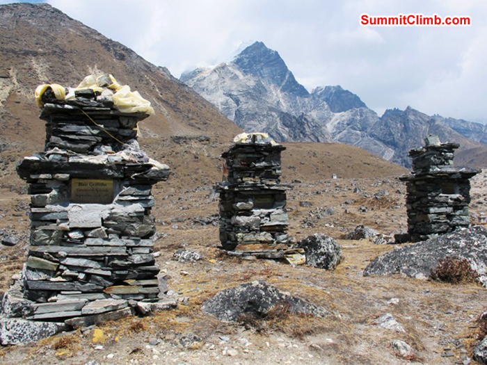 Chorten memorials to fallen climbers atop Dughla hill. Mount Lobuche in background. Monika Witkowska Photo.